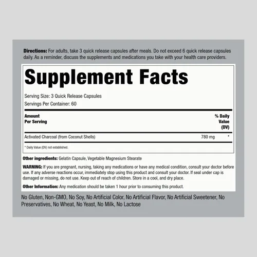Vista 2 de Piping Rock Píldoras de carbón activado 780 mg 180 cápsulas de cáscaras de coco Suplemento sin OMG, sin gluten