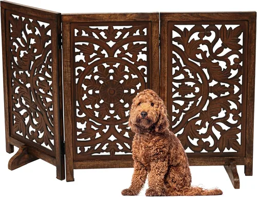 Vista 6 de Puerta independiente para mascotas para perros, puerta plegable de madera para perros para casa, puerta interior para perros para escaleras