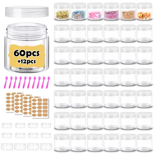 Vista 8 de Recipientes de plástico de 1 oz con tapas, 60 tarros de plástico con tapas + 12 recipientes de muestra de 3/5/0.35 oz, tarro de viaje, ideal