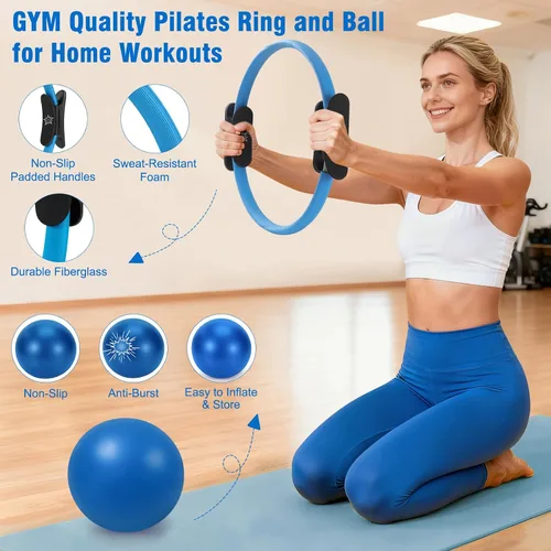 Vista 3 de Pilates Kit Equipment, Pilates Ring and Ball for Women Home Workout Pilates Set with 14'' Magic Circle, Wrist Weights, Resistance Bands, Yoga