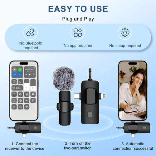 Vista 5 de Labstandard Micrófono Lavalier inalámbrico 3 en 1 para iPhone y Android, sonido de calidad de estudio con cancelación de ruido, mini micrófono Plug