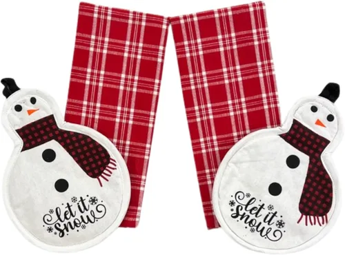Vista 18 de Paños de Cocina y Agarraderas Navideños - Juego Alegre de Navidad de 4 Piezas 100% Algodón Verde Rojo Blanco - Dos (2) Paños de Cocina, Un (1)