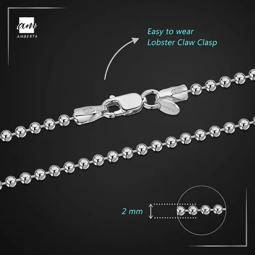 Vista 4 de Amberta Pulsera de cadena de bola de plata de ley 925 de 0.079in, tamaño 7 pulgadas, 7.5 pulgadas, Metal