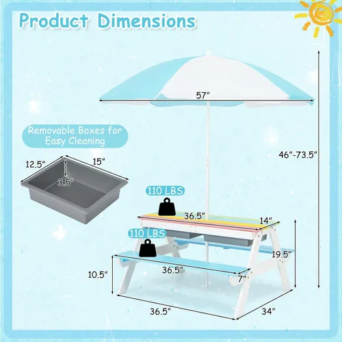 Vista 7 de Costzon Mesa de Picnic para Niños con Contenedores Sensoriales, Mesa de Arena y Agua 4 en 1 con Sombrilla de Altura Ajustable, Superficie de Mesa