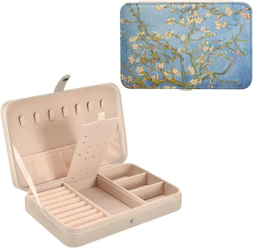 Vista 8 de innewgogo Van Gogh - Joyero pequeño con diseño de flor de almendra, organizador de joyas de piel sintética, organizador de aretes de viaje para novia