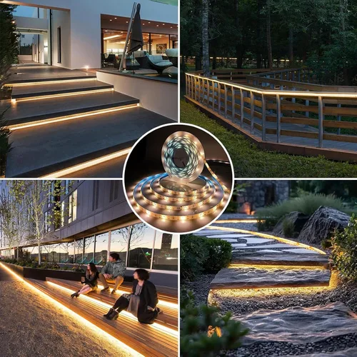 Vista 6 de Tira de luces LED solares para exteriores, impermeable, 10 pies, cinta cortable, iluminación de 3000 K, blanco cálido con 8 modos para valla