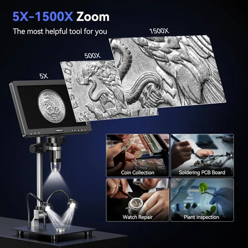 Vista 3 de TOMLOV Microscopio Digital DM9 Max: 20MP 10.1" 1500X HD IPS HDMI Microscopio Lupa de Monedas para Monedas con Errores con Pantalla, Microscopios