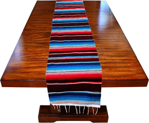 Vista 5 de Camino de mesa colorido a rayas fabricado en México 83x14 pulgadas.