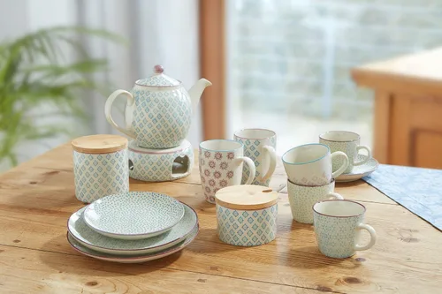 Vista 2 de Bloomingville Patrizia Sugar Bowl - Gres con tapa de bambú/cuchara - Tarro para sal, mermelada, mostaza de diámetro 4 pulgadas de alto, 2.75