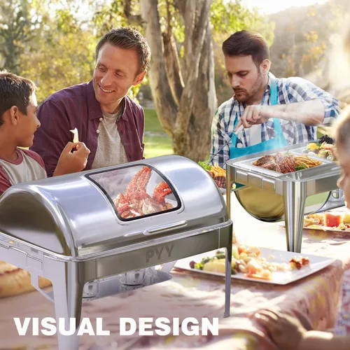 Vista 5 de Juego de buffet de platos de roce PYY con tapa enrollable, juego de 9 cuartos de galón de servidor de roce de acero inoxidable para catering, chafer