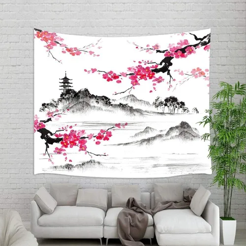 Vista 15 de Tapiz de cascada de bosque, flores de paisaje natural, tapices para colgar en la pared para hombres y niños, decoración de arte de pared, decoración