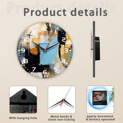 Vista 3 de Reloj de pared, arte abstracto colorido, pintura al óleo, reloj de pared silencioso sin tictac, funciona con pilas, 10 pulgadas, decoración