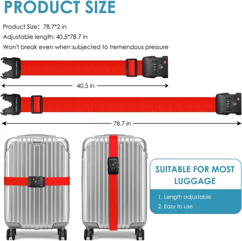 Vista 8 de Travel Inspira - Correa para equipaje con candado de combinación conforme a la TSA, ajustable, fácil de usar, protege tu equipaje - Rojo