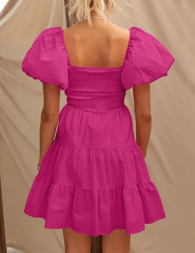 Vista 5 de ZESICA Vestido corto bohemio de verano para mujer, con cuello cuadrado, manga abombada, hombros descubiertos, fruncido, escalonado, casual