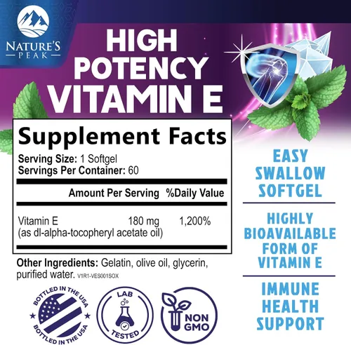 Vista 2 de Vitamina E 180 mg por porción cápsulas blandas – Vitamina E DL-Alfa, suplemento dietético rico en antioxidantes para la piel, el corazón y el apoyo