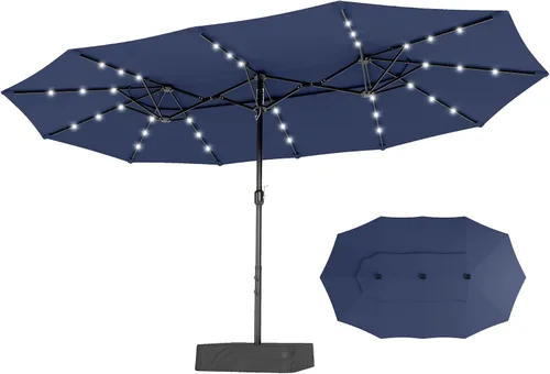 Vista 17 de PHI VILLA Sombrilla de patio grande de 15 pies con base y luces solares, paraguas rectangular de doble cara para exteriores con 36 luces LED, Beige