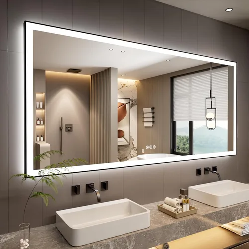 Vista 20 de Espejo de baño LED de 24x28 pulgadas con marco negro, espejos de baño retroiluminados y con luz frontal para pared, antiempañamiento, regulable