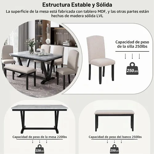 Vista 5 de Merax Juego de mesa de comedor de 6 piezas con banco, mesa de comedor rectangular con 4 sillas tapizadas y un banco, juego de sillas de mesa