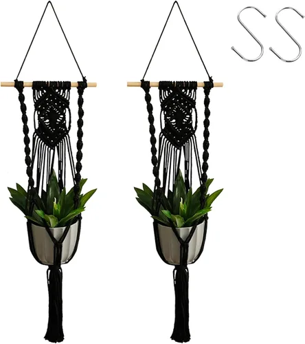 Vista 19 de Artilady Maceta Colgante Negra para Plantas de Interior Colgador de Plantas de Macramé Soporte Colgante Grande para Plantas con Cuentas Ajustables