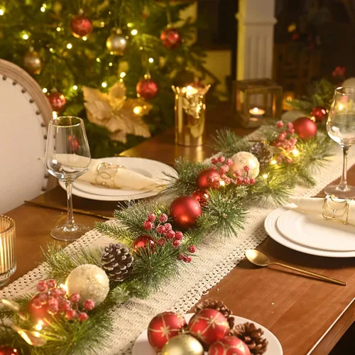 Vista 3 de Valery Madelyn - Guirnalda de Navidad de 1,8 m preiluminada con luces para manto, guirnalda navideña iluminada para exteriores con bolas rojas