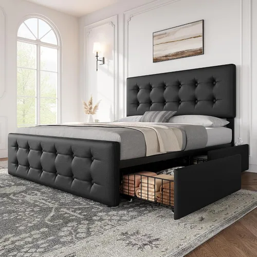 Vista 14 de IDEALHOUSE Marco de cama tamaño completo con 4 cajones de almacenamiento y cabecero, marco de cama plataforma tapizada en cuero sintético con Beige