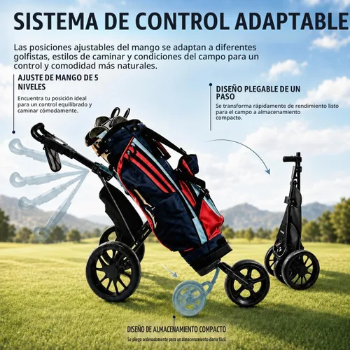 Vista 4 de JANUS Pace - Carrito de golf con soporte giratorio de 360°, carrito de golf plegable de 3 ruedas con plegado de un solo clic, ruedas anchas de EVA