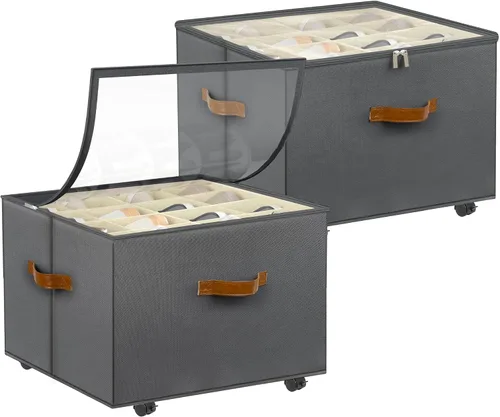Vista 11 de Foyego Organizador de zapatos para armario, organizador de zapatos con ruedas y divisores ajustables, caja de almacenamiento de zapatos apilable