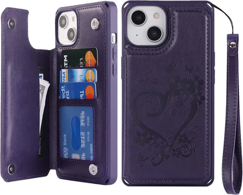 Vista 17 de iCoverCase Funda compatible con iPhone 14 Plus con tarjetero para mujer, bloqueo RFID en relieve, piel sintética con correa de muñeca de 6.7