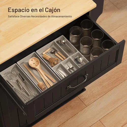 Vista 9 de Gizoon Carrito de isla de cocina de 33" W con estante ajustable, negro Color negro y mesa de roble