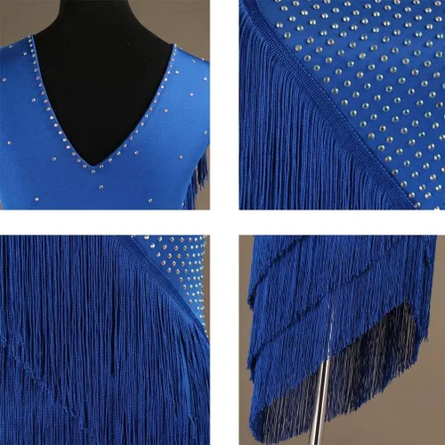 Vista 7 de Vestidos de baile latino con cuello en V para mujer, vestido de competición de salsa con flecos, sin mangas, disfraz de cha cha, para sala de baile