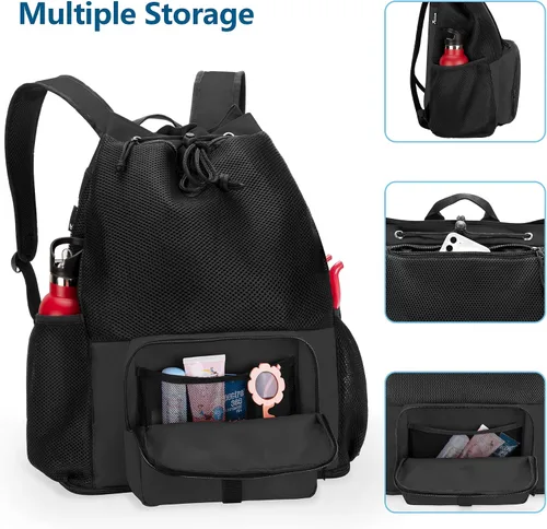 Vista 4 de Fasrom Mochila de playa de malla con cremallera inferior, mochila deportiva para gimnasio, natación, playa, piscina y viajes (diseño patente), Negro