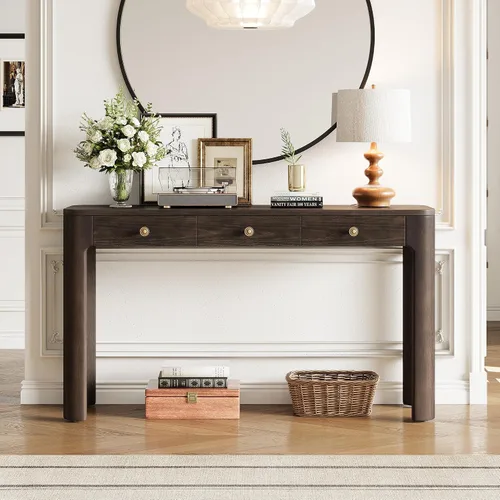 Vista 35 de 50" Modern Art Sculptural Console Table, Oval Cutout Legs, Wood Veneer, Thick Rounded Tabletop, Contemporary Entryway Sofa Table for Living Room