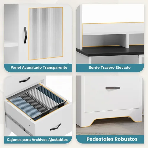 Vista 5 de Bestier Escritorio Ejecutivo de 77.8" de Alto con Estante Superior, Escritorio Moderno de Madera para Computadora con Cajones, Estación de Carga