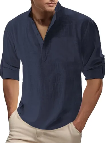 Vista 5 de Camisa de lino para hombre, manga larga, Henley, casual, verano, grande, alta, algodón, ligera, para negocios, trabajo, vacaciones, crucero