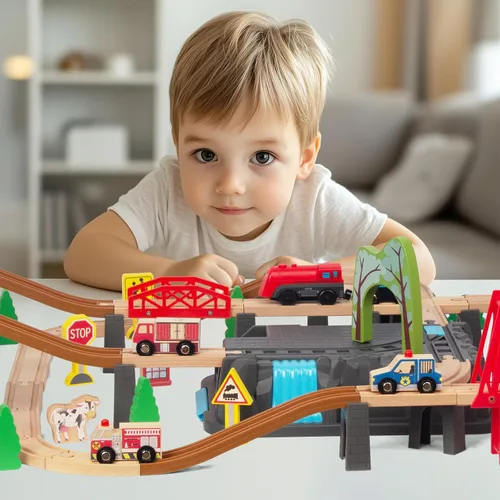 Vista 7 de 100 piezas de juego de tren de madera para niños de 3 años, juego de tren de doble cara con pistas, puente, estación de tren y caja