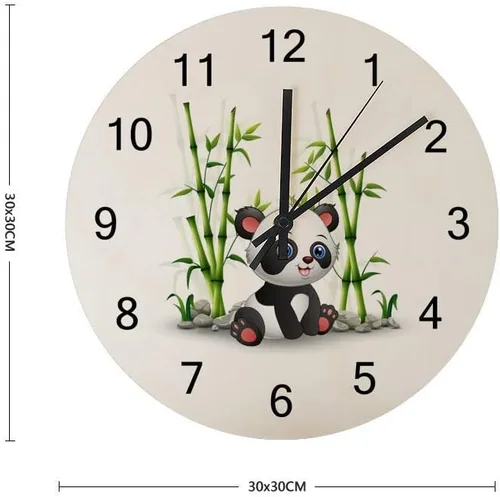 Vista 3 de Reloj de pared de madera, reloj colgante silencioso, redondo, retro, estilo granja, panda, bebé, bambú, cuarzo, funciona con pilas, relojes