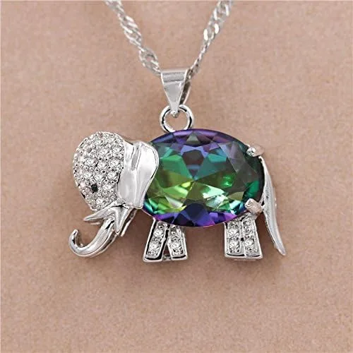 Vista 4 de Uloveido Collar colgante de elefante de la suerte de topacio místico arco iris regalos día N1154