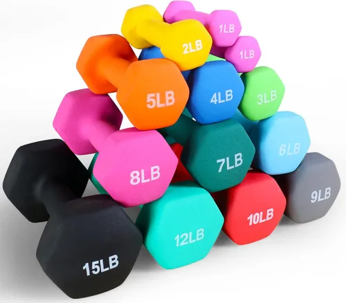 Vista 5 de Fitvids Neoprene Dumbbell Hand Weights, Anti-Slip, Anti-roll, Hex Shape Colorful, Pair or Set with Stand