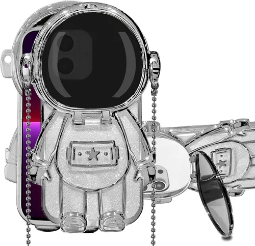 Vista 14 de Funda de astronauta compatible con iPhone 14 Pro Max con soporte, espejo, correa de hombro con cordón, espejo de papel con purpurina desmontable