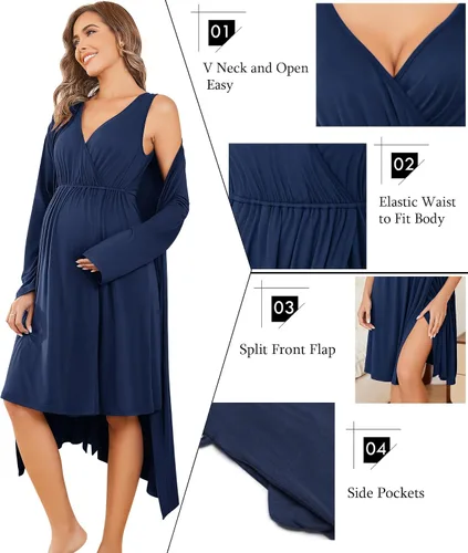 Vista 2 de Ekouaer Conjunto de bata y bata de maternidad para mujer, camisón de lactancia para el parto, ropa de embarazo, S-XXL