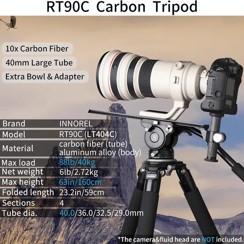 Vista 2 de Trípode de fibra de carbono INNOREL RT90C Trípodes de cuenco profesionales de carga pesada para cámaras DSLR Compatible con cabeza de bola y cabeza