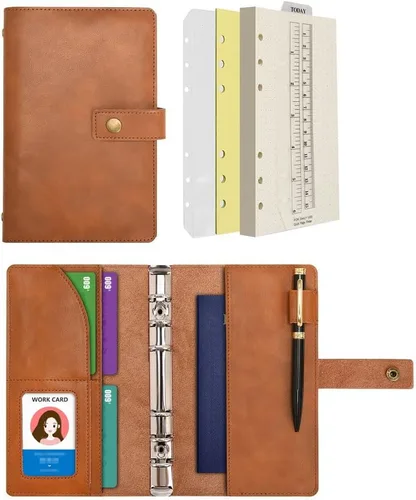 Vista 13 de WONDERPOOL Cuaderno de cuero recargable, cuaderno en espiral, carpeta de carpetas de diario A5 con puntos y bolsillos interiores para viajes, Marrón
