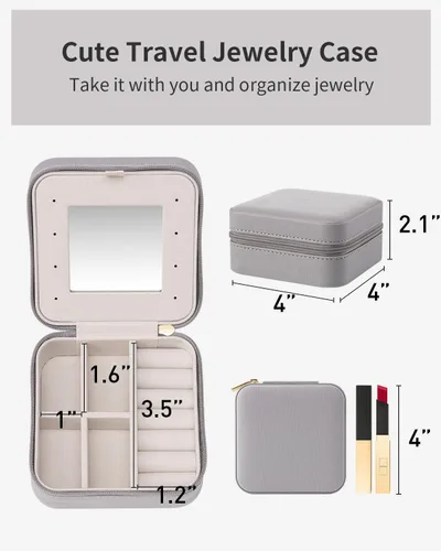 Vista 4 de Vlando Pequeño organizador de joyas de viaje, vitrina para niñas, mujeres, regalo anillos, aretes, collares, almacenamiento con espejo gris