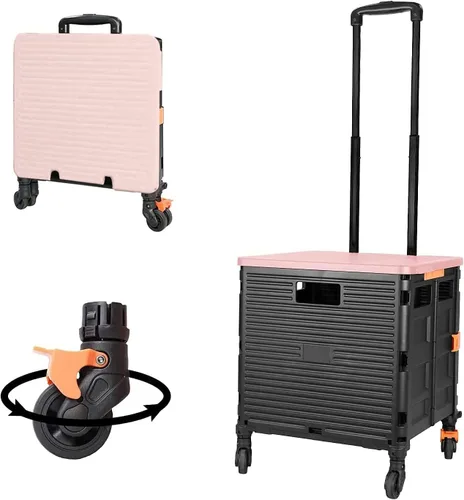 Vista 17 de Carrito plegable portátil con ruedas para compras, 4 ruedas giratorias con mango telescópico de plástico duradero y resistente, para viajes