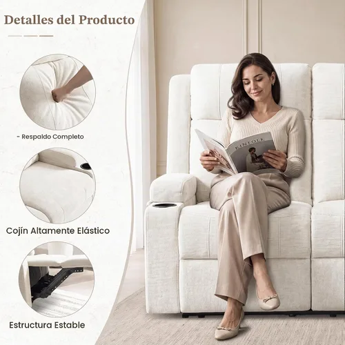 Vista 6 de Sofá reclinable de dos plazas, sofá biplaza con reposapiés ajustable, sillón reclinable de pared para sala de estar, cine en casa y RV (beige)