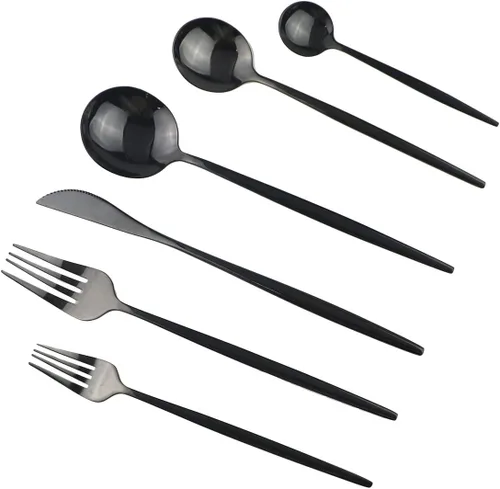 Vista 12 de Juego de cubiertos de 10 piezas – Utensilios de acero inoxidable 304 negro, tenedores, cucharas, cuchillos – Cubertería pulido espejo para 2