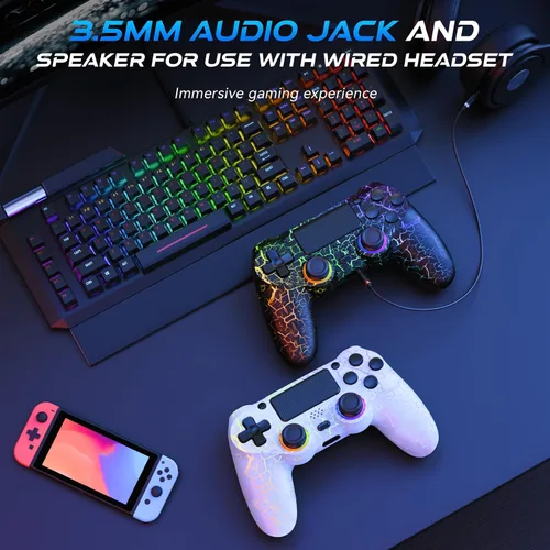 Vista 7 de Fanyooge Light-up Controller for PS4,2 Pack Crack Design Remote Control for Ps4 with RGB Light,Hall Effect Joystick,1000mAh Battery,Vibration,6-Axis