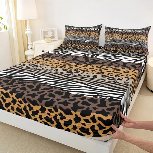 Vista 13 de Sábana bajera ajustable con estampado de leopardo, tamaño individual, juego de ropa de cama rústica con rayas de piel de cebra, decoración