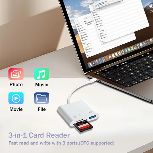 Vista 2 de Lector de tarjetas SD 3 en 1 USB C, adaptador de tarjeta SD, lector de tarjetas de memoria compatible con Micro SD/SD/SDHC/SDXC para iPhone MacBook