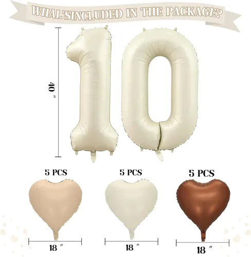 Vista 2 de Globos de 40 pulgadas color crema número 10, 17 piezas de globos de helio grandes con globos de corazón neutros crema nude caramelo beige marrón